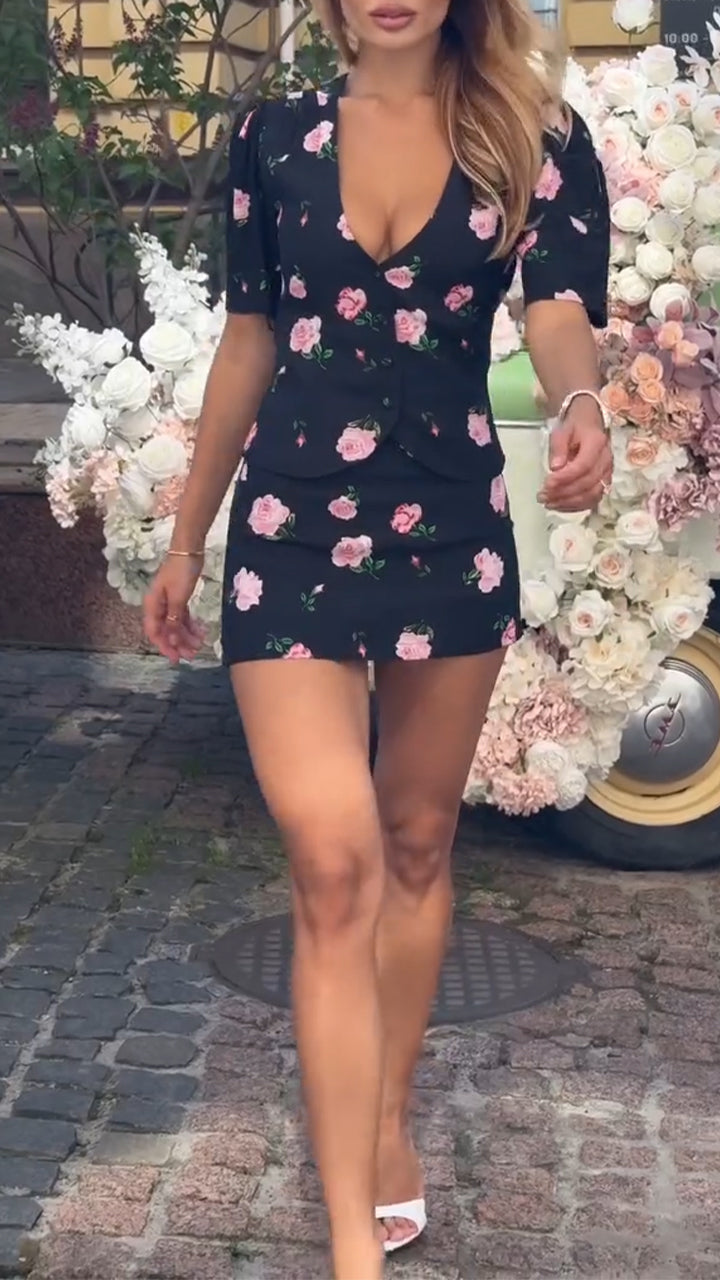 Ladies' V-neck Low Cut Printed Top+ Skirt with A Casual Temperament Suit - MYSTERYBOXS