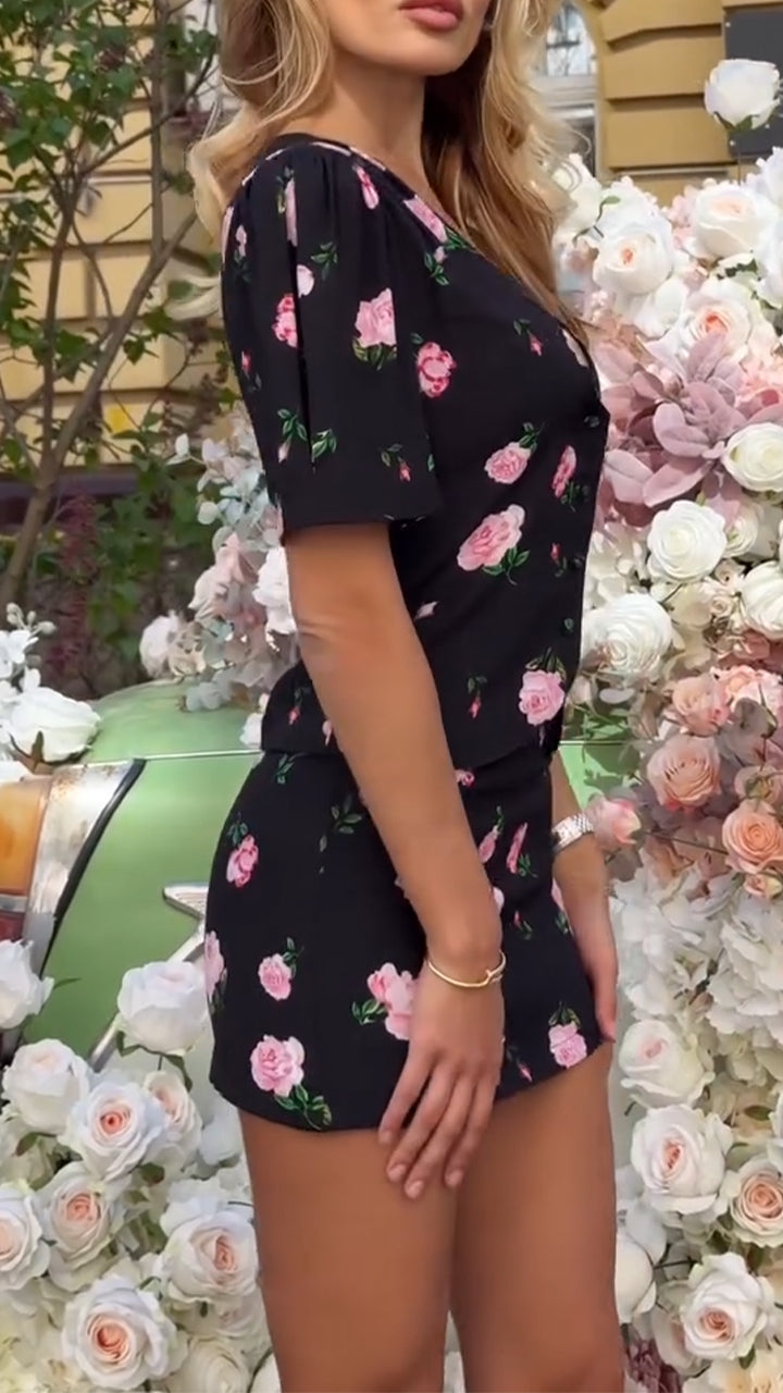 Ladies' V-neck Low Cut Printed Top+ Skirt with A Casual Temperament Suit - MYSTERYBOXS