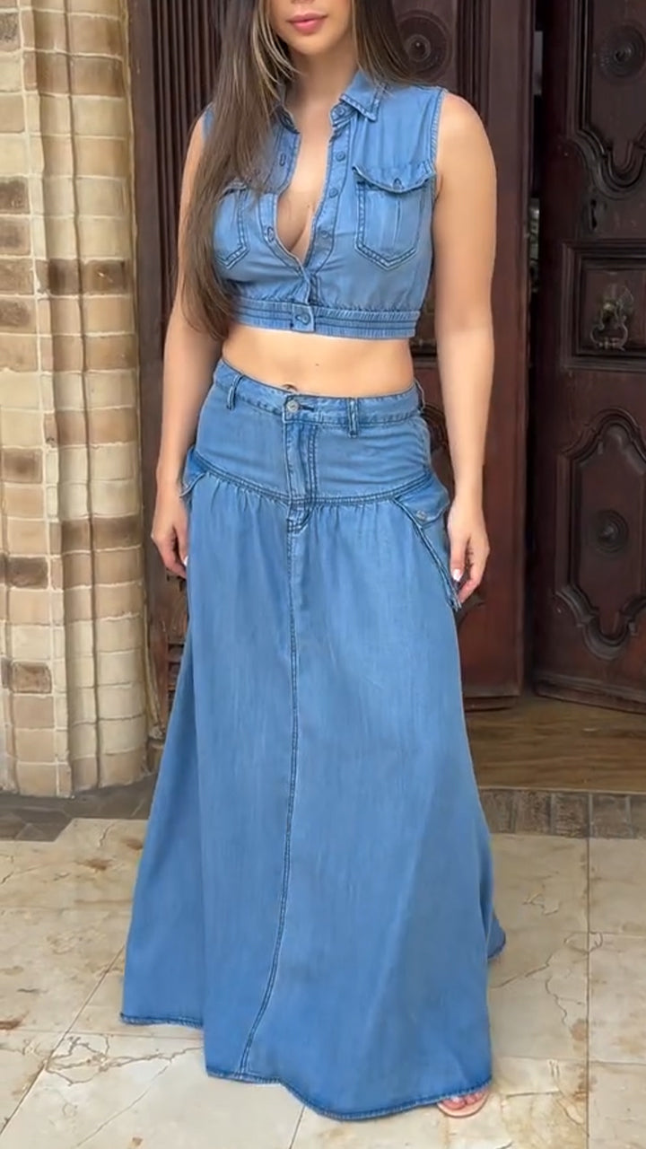 Ladies' Collar Patchwork Top+ Skirt Casual Set - MYSTERYBOXS