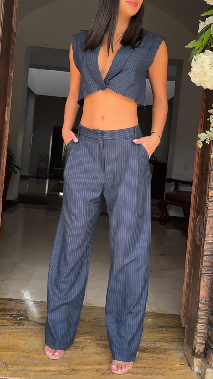 Women's Collar Vertical Stripe Low Collar Top+pants Temperament and Leisure Suit - MYSTERYBOXS