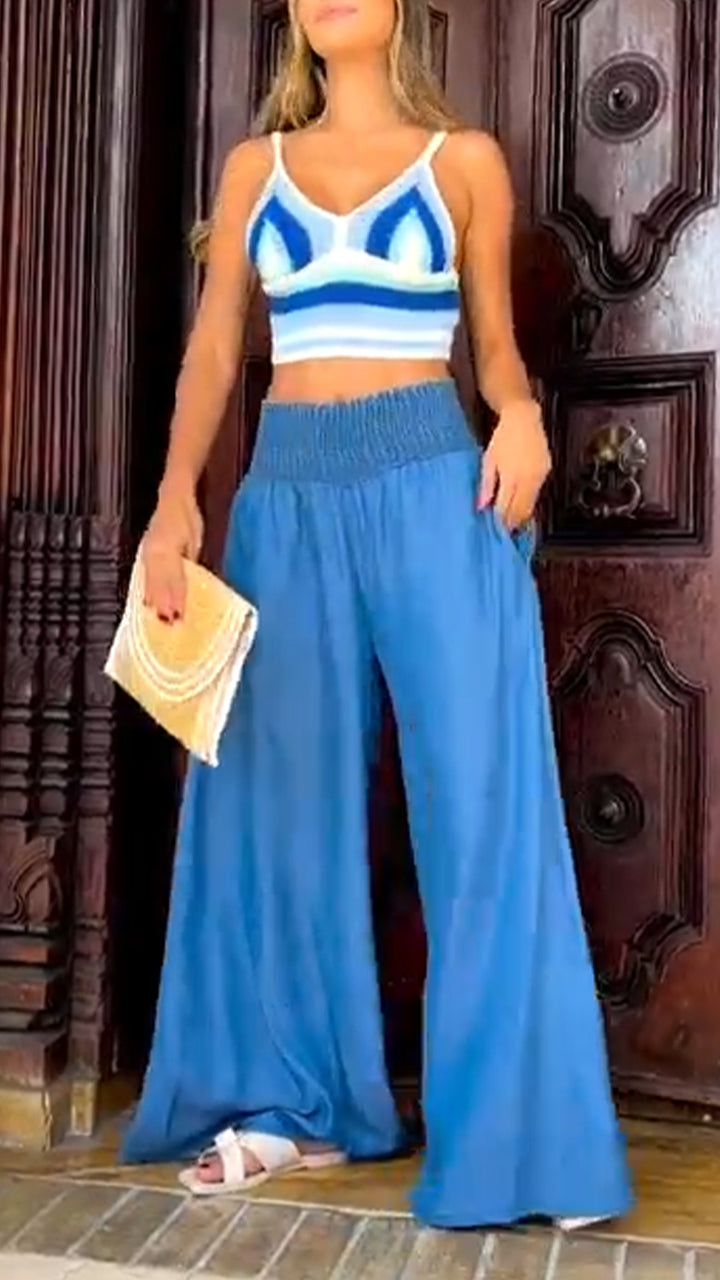 Ladies' Spaghetti Strap Striped Top+ Patchwork Pants Casual Set - MYSTERYBOXS