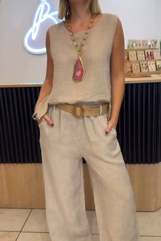 Women's Sleeveless Round Neck Top Pocket Loose Straight Pants Two-Piece Set - MYSTERYBOXS