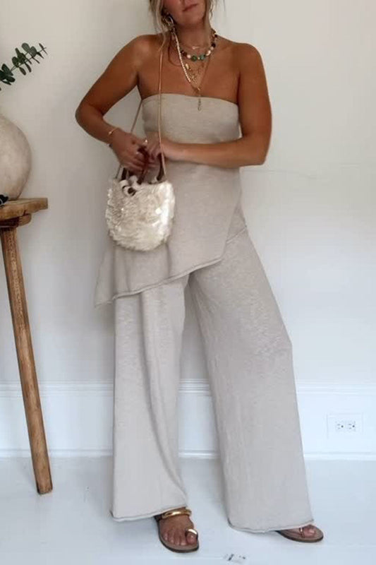 Women's Solid Color Casual Wrap Chest Irregular Hem Top Trousers Two-piece Set - MYSTERYBOXS