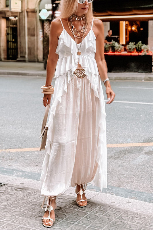Women's Casual Vacation Ruffled Irregular Hem Suspender Top Wide Pants Two-piece Set - MYSTERYBOXS