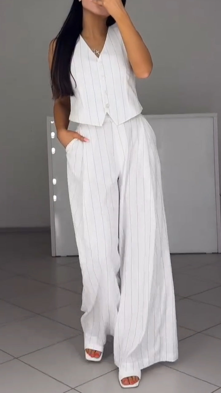 Ladies' V-neck Vertical Stripe Temperament Casual Suit - MYSTERYBOXS