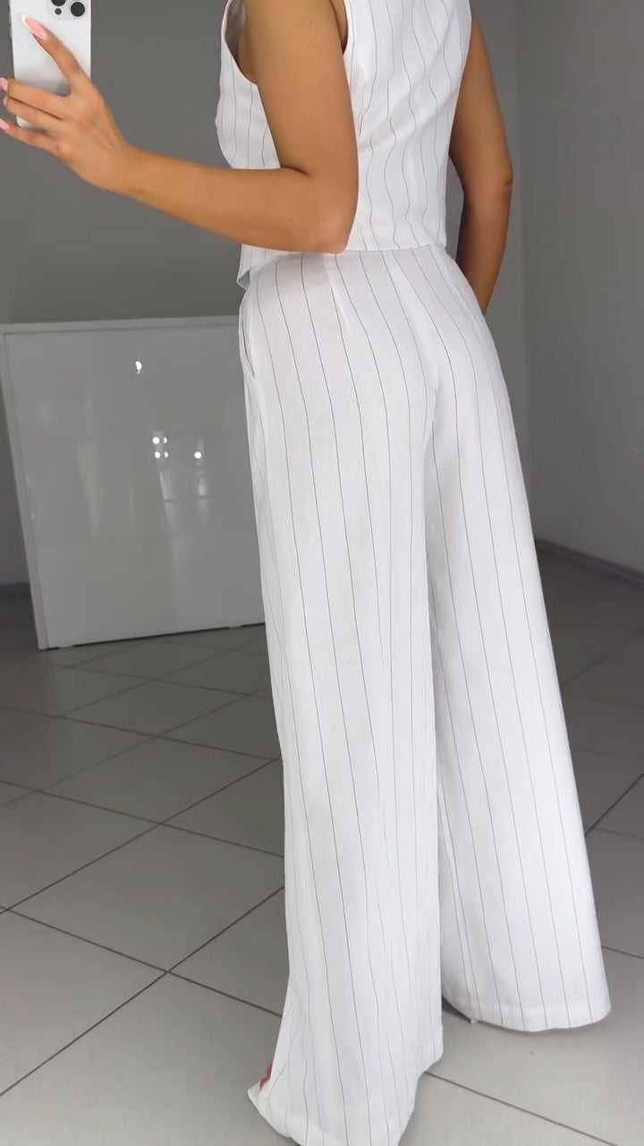 Ladies' V-neck Vertical Stripe Temperament Casual Suit - MYSTERYBOXS