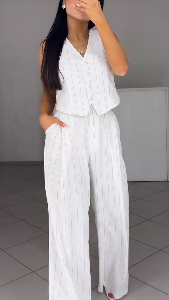 Ladies' V-neck Vertical Stripe Temperament Casual Suit - MYSTERYBOXS