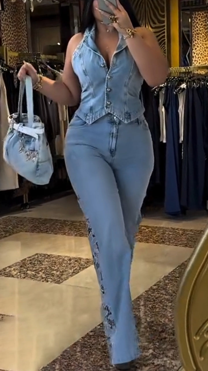 Ladies' Lapel and Buckle Spliced Top+ Printed Hollow Pants Casual Set - MYSTERYBOXS