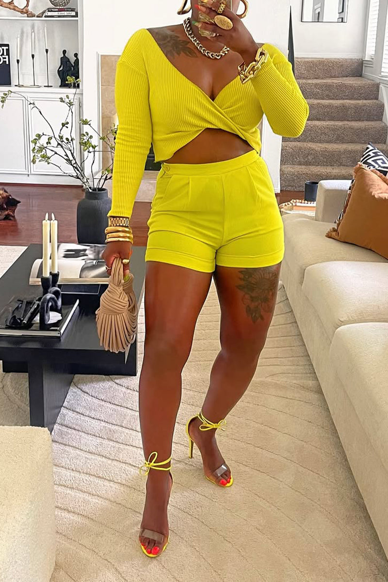 Women's Large V-neck Top+ Short Solid Color Casual Set - MYSTERYBOXS