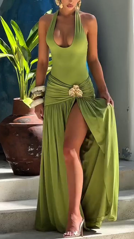 Ladies' Neck Hanging Spliced Slit Casual Vacation Style Dress - MYSTERYBOXS