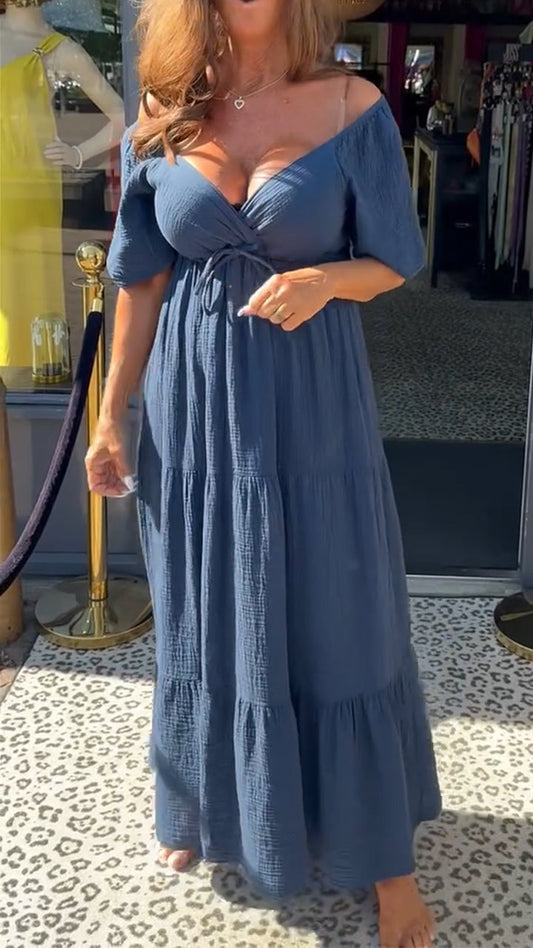 Ladies' Large V-neck Spliced Solid Color Casual Dress - MYSTERYBOXS