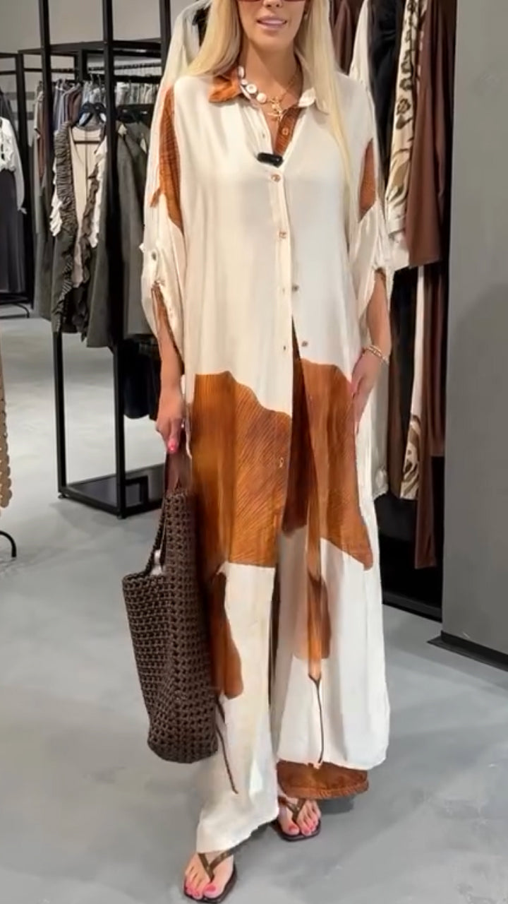 Women's Collar Printed Long Top+ Pants Loose Casual Suit - MYSTERYBOXS