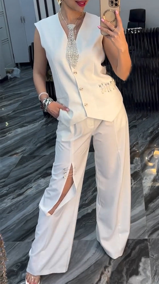 Women's V-neck Breasted Top+ Ripped Pants Solid Color Casual Suit - MYSTERYBOXS