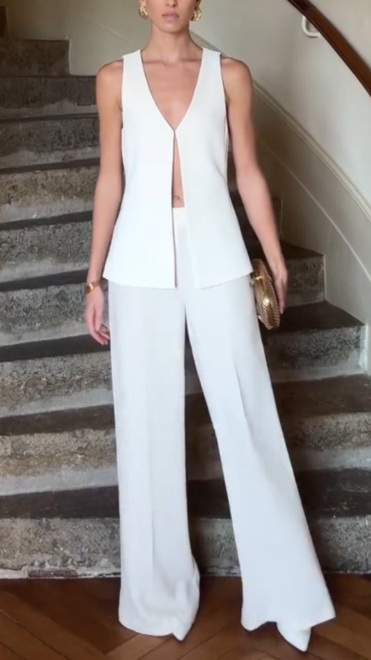 Ladies' V-neck Split Top + Pants with Solid Color and Casual Temperament Suit - MYSTERYBOXS
