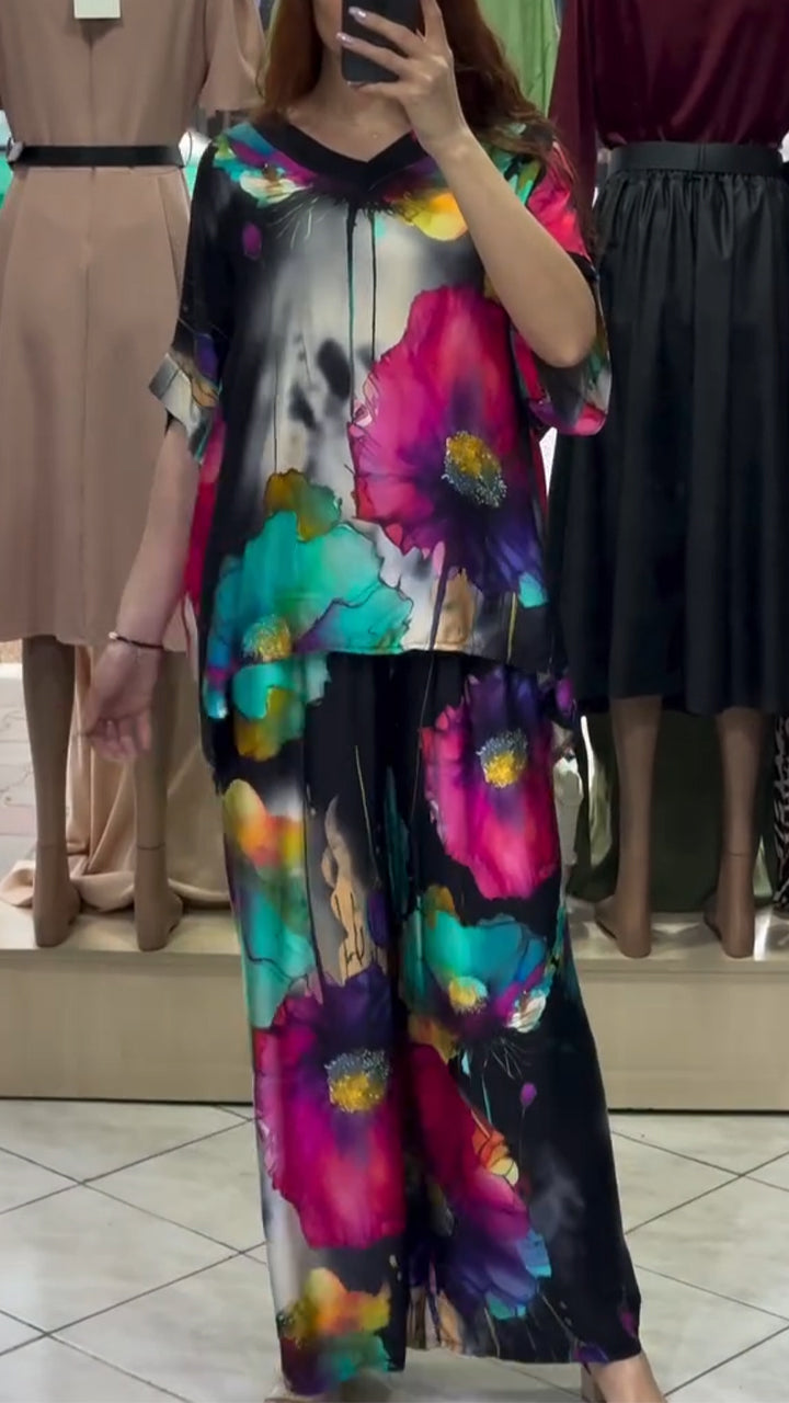 Ladies' V-neck Printed Top + Pants Loose Casual Suit - MYSTERYBOXS