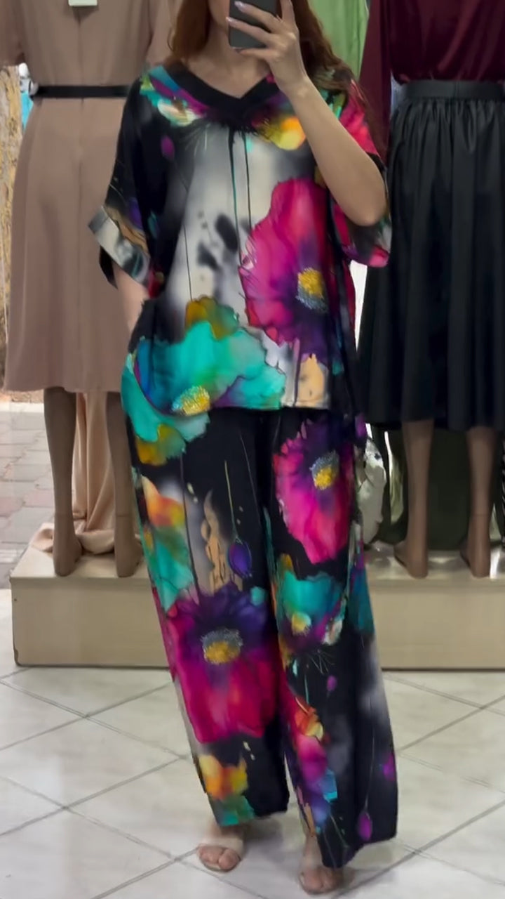 Ladies' V-neck Printed Top + Pants Loose Casual Suit - MYSTERYBOXS