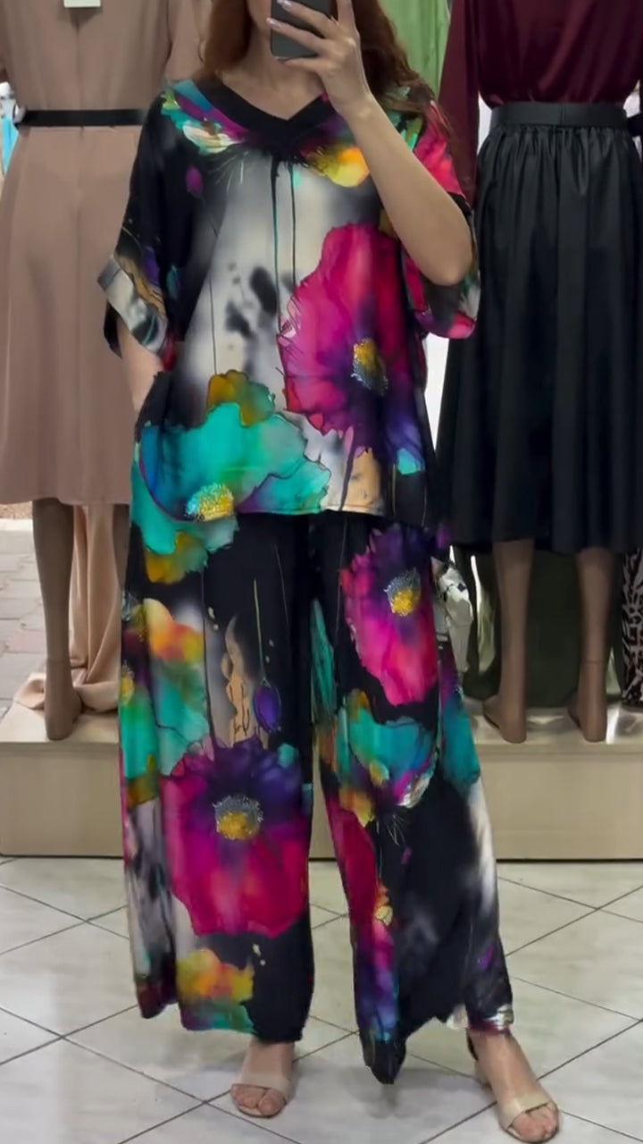 Ladies' V-neck Printed Top + Pants Loose Casual Suit - MYSTERYBOXS