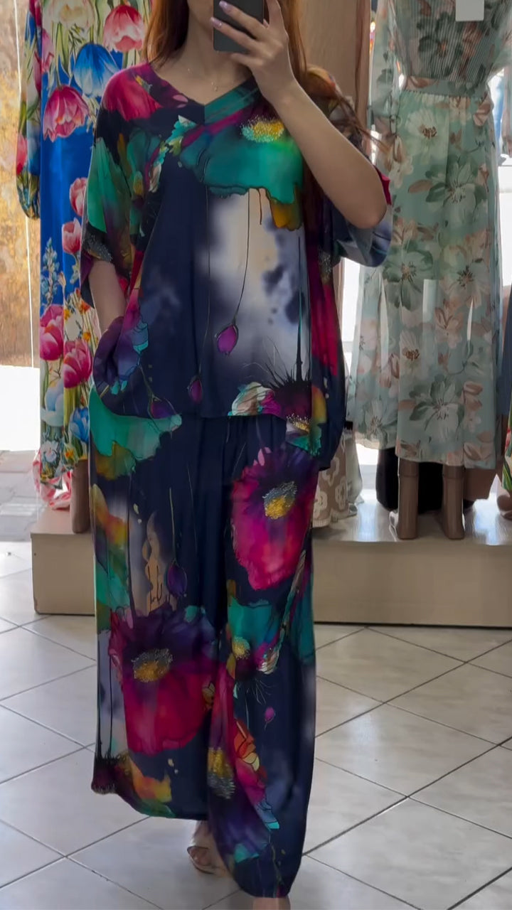 Ladies' V-neck Printed Top + Pants Loose Casual Suit - MYSTERYBOXS