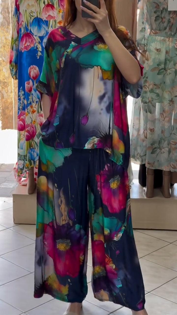 Ladies' V-neck Printed Top + Pants Loose Casual Suit - MYSTERYBOXS