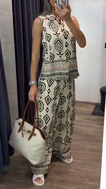 Ladies' Collar Print Casual Set - MYSTERYBOXS