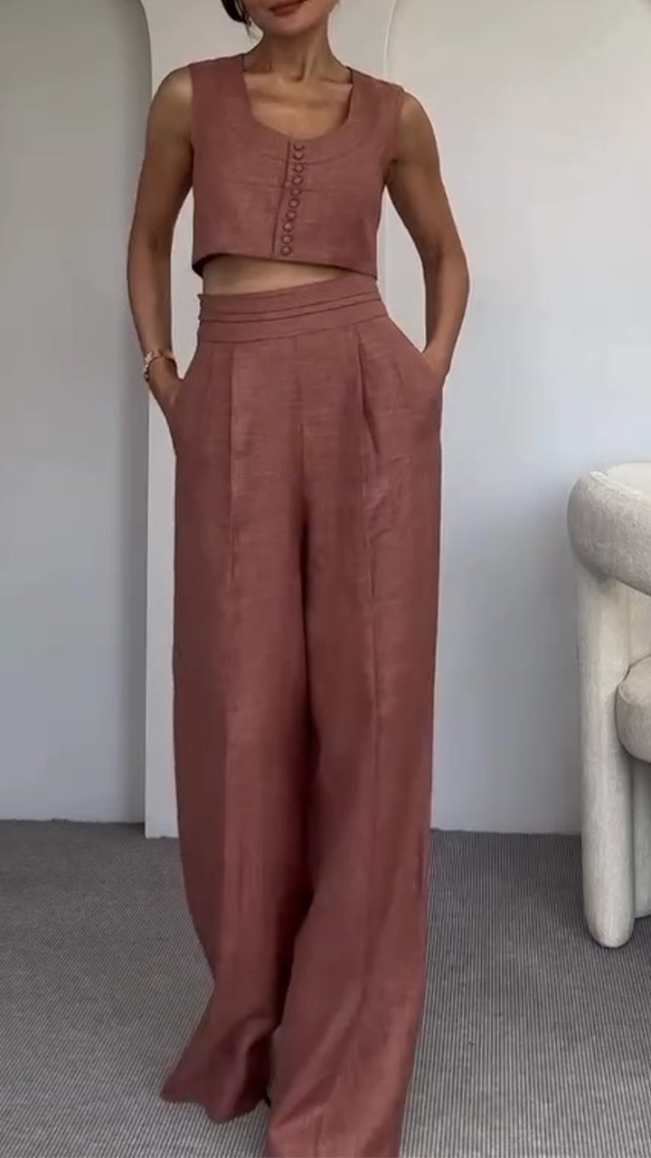 Women's Round Neck Multi-button + Trousers Casual Suit - MYSTERYBOXS