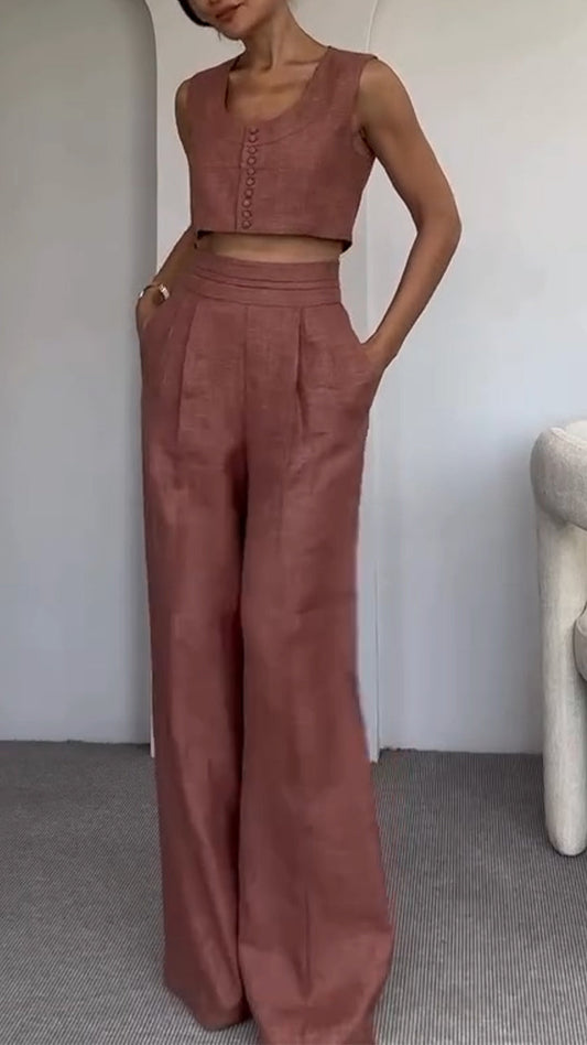 Women's Round Neck Multi-button + Trousers Casual Suit - MYSTERYBOXS