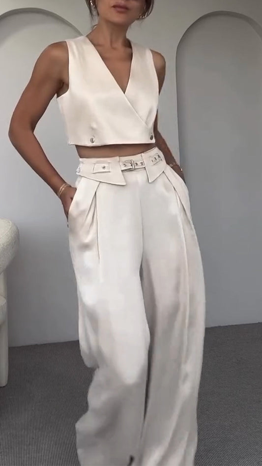 Women's V-neck Button Short Top + Trousers Casual Suit - MYSTERYBOXS