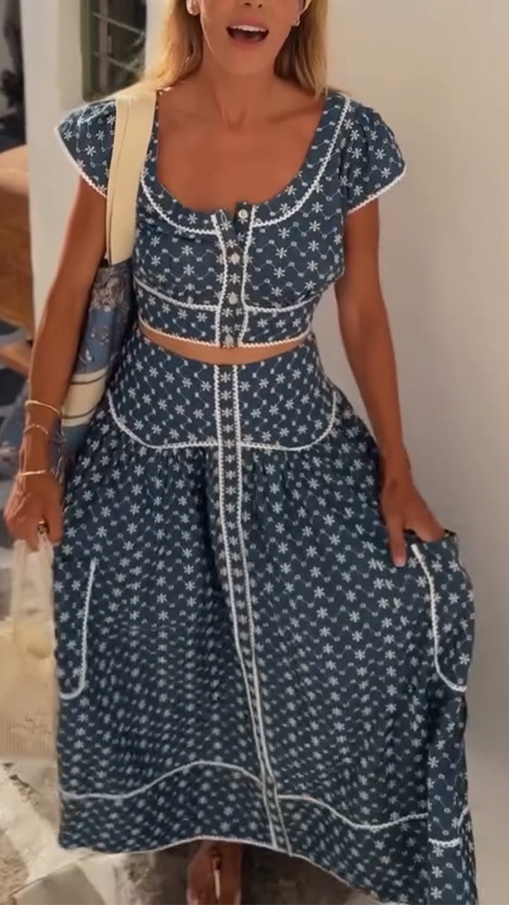 Ladies' Large U Collar Splicing Printed Casual Set - MYSTERYBOXS