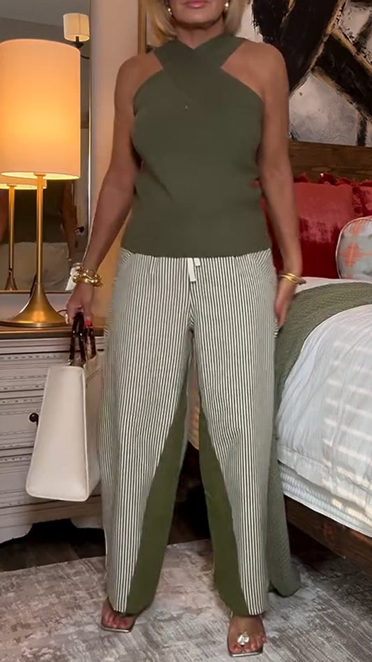 Ladies' Cross Neckline Top+ Striped Patchwork Pants Casual Set - MYSTERYBOXS
