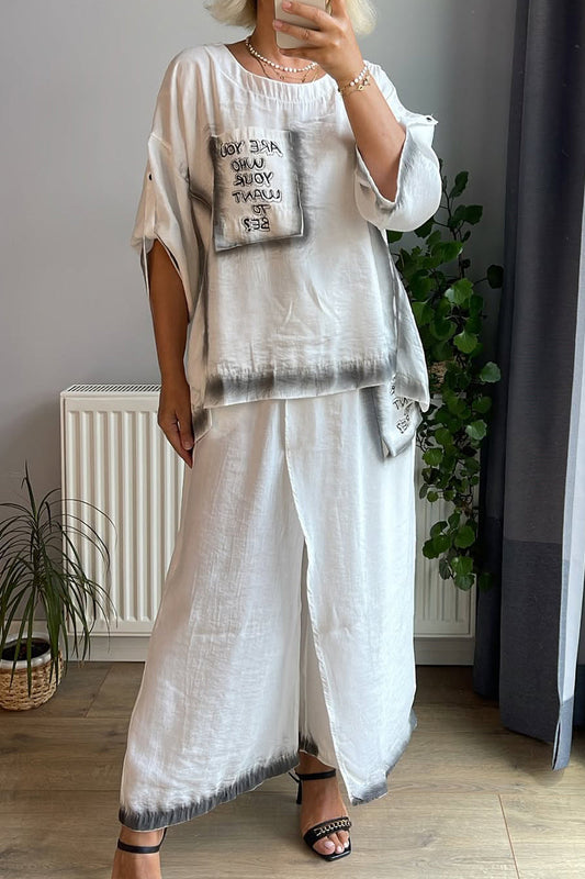 Ladies' Round Neck Printed Letter Top+ Spliced Fake Two-piece Pants Casual Set - MYSTERYBOXS