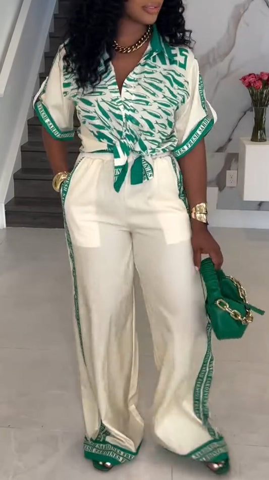 Ladies' Collar Printed Top+ Vertical Striped Pants Casual Suit - MYSTERYBOXS