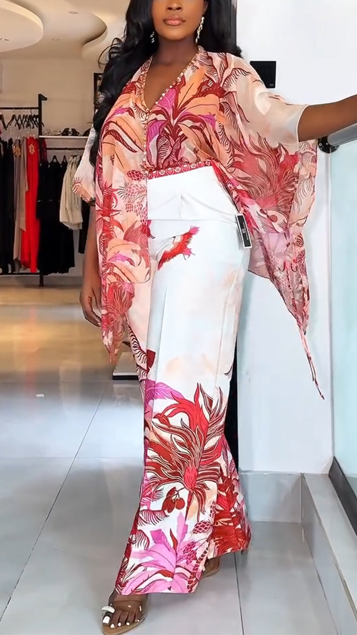 Completo casual da donna composto da top stampato con scollo a V e pantaloni