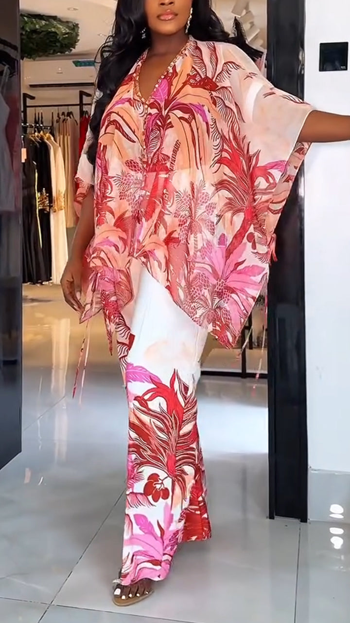 Ladies' V-neck Printed Top + Pants Casual Set - MYSTERYBOXS