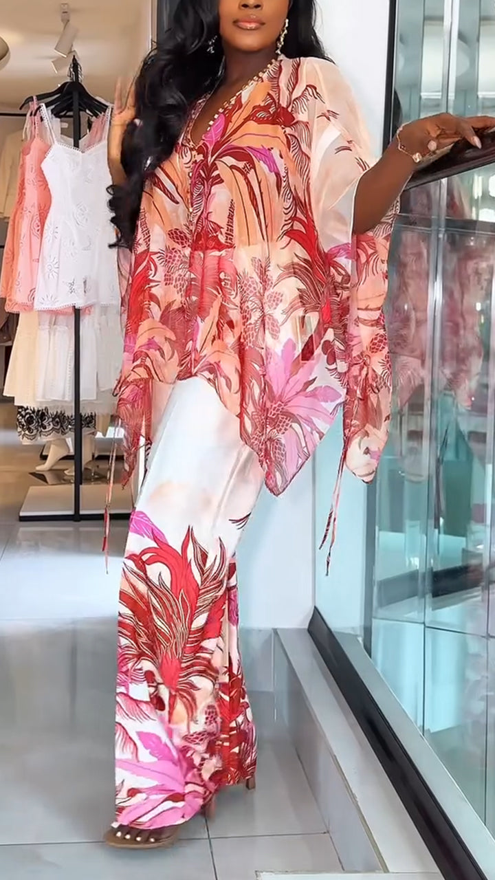 Ladies' V-neck Printed Top + Pants Casual Set - MYSTERYBOXS