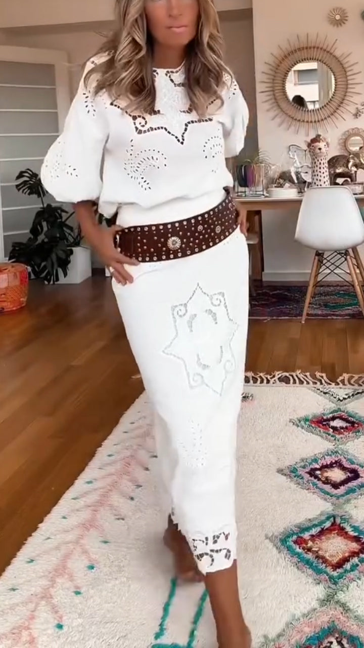 Completo casual da donna con scollo tondo, top stampato e gonna corta