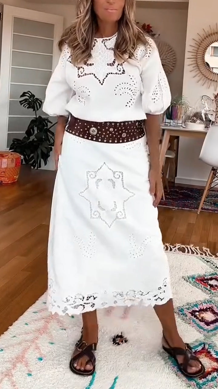 Completo casual da donna con scollo tondo, top stampato e gonna corta