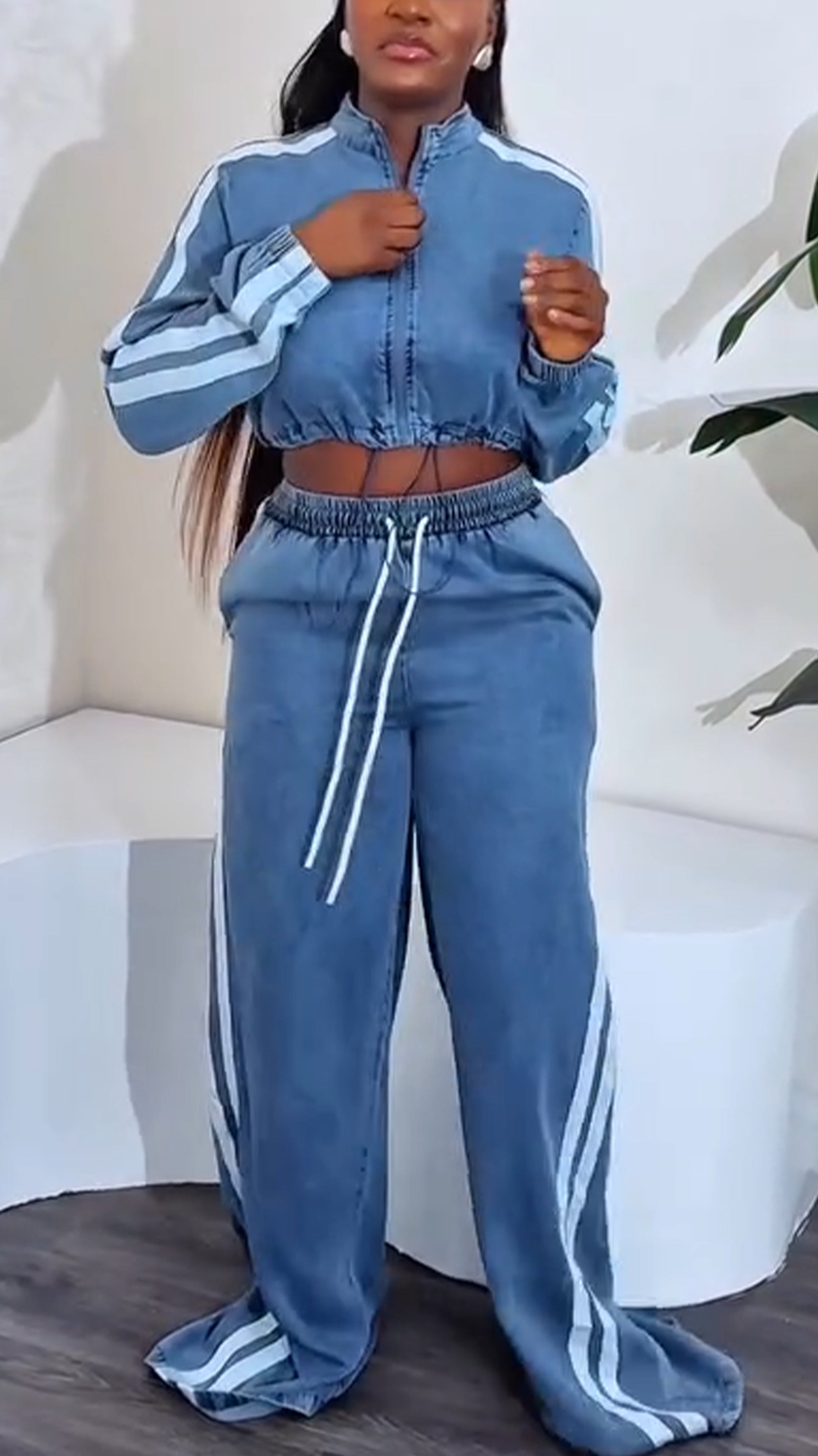 Ladies' Round Neck Zipper Vertical Stripe Top+ Pants Casual Set - MYSTERYBOXS