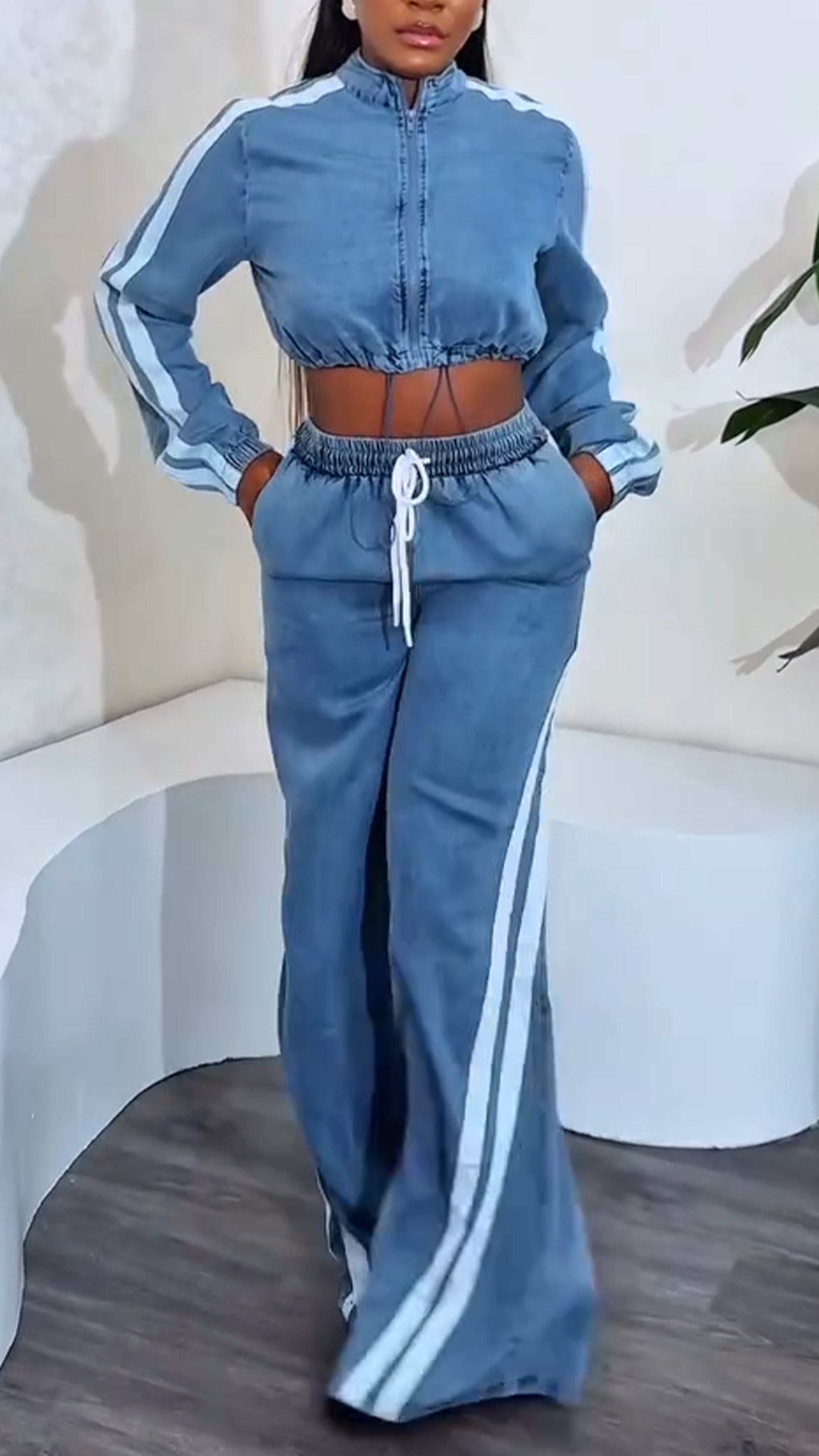 Ladies' Round Neck Zipper Vertical Stripe Top+ Pants Casual Set - MYSTERYBOXS