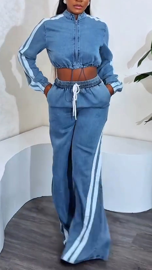 Ladies' Round Neck Zipper Vertical Stripe Top+ Pants Casual Set - MYSTERYBOXS