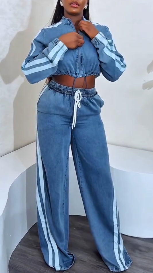 Ladies' Round Neck Zipper Vertical Stripe Top+ Pants Casual Set - MYSTERYBOXS