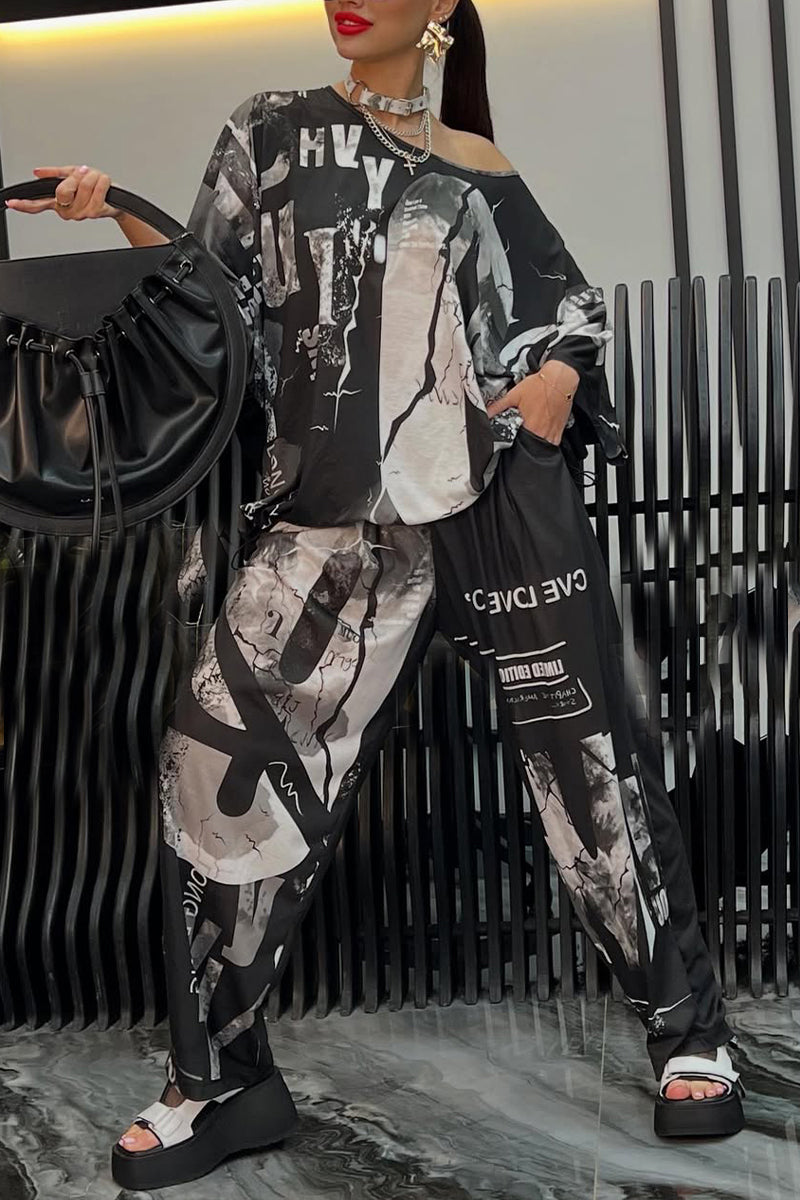 Ladies' Round Neck Printed Top + Pants Casual Set - MYSTERYBOXS