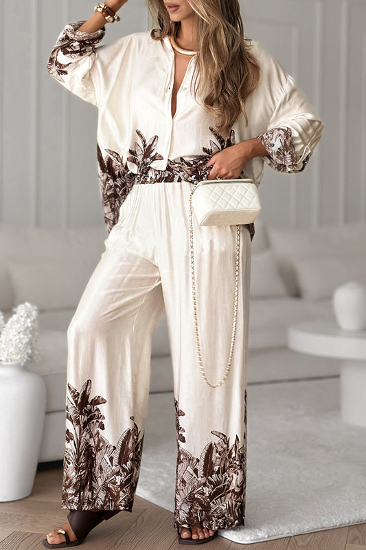 Women Collar Printed Top + Pants Loose Casual Suit - MYSTERYBOXS