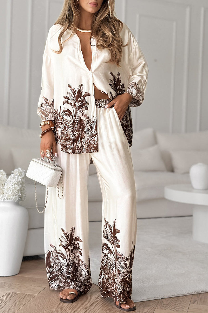 Women Collar Printed Top + Pants Loose Casual Suit - MYSTERYBOXS