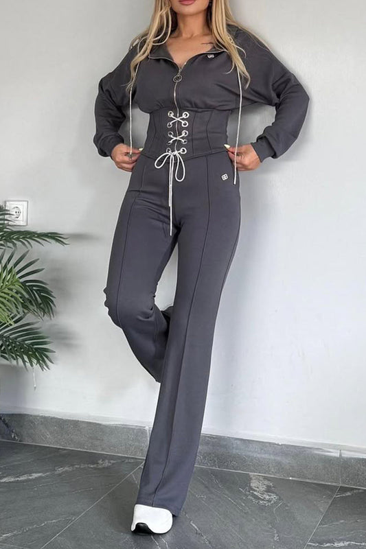 Women Collar Zipper Drawstring Top+ Pants Casual Set - MYSTERYBOXS