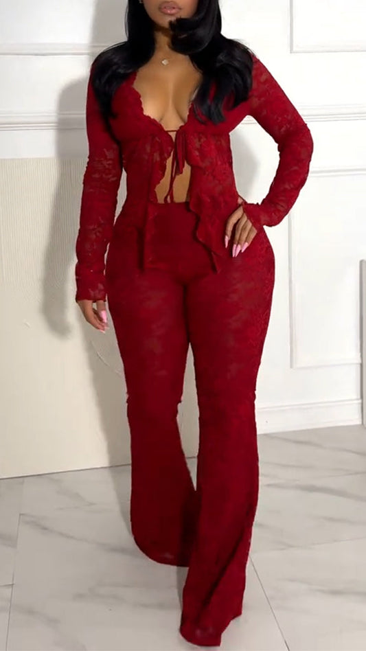 Ladies Printed Lace Strap Top+ Pants Sexy Temperament Set - MYSTERYBOXS
