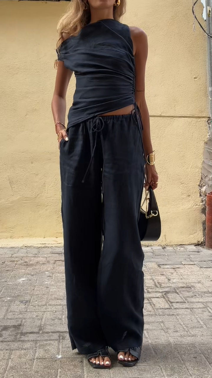 Women's Resort Linen Off-shoulder Black Top and Pants Set - MYSTERYBOXS