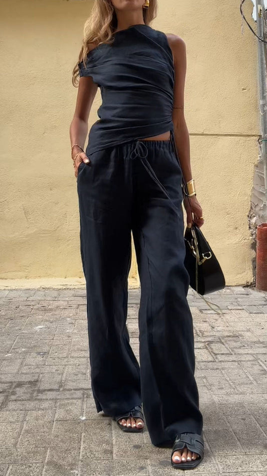 Women's Resort Linen Off-shoulder Black Top and Pants Set - MYSTERYBOXS