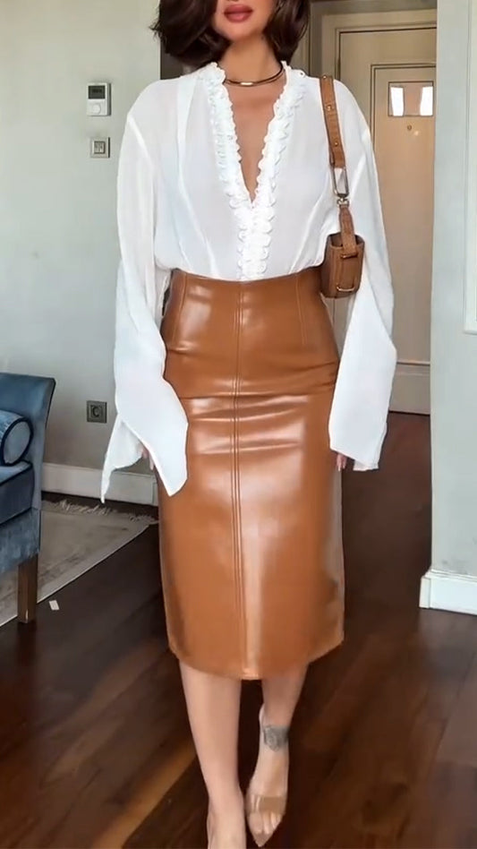Ladies V-neck Shirt+ Leather Skirt Temperament Casual Suit - MYSTERYBOXS