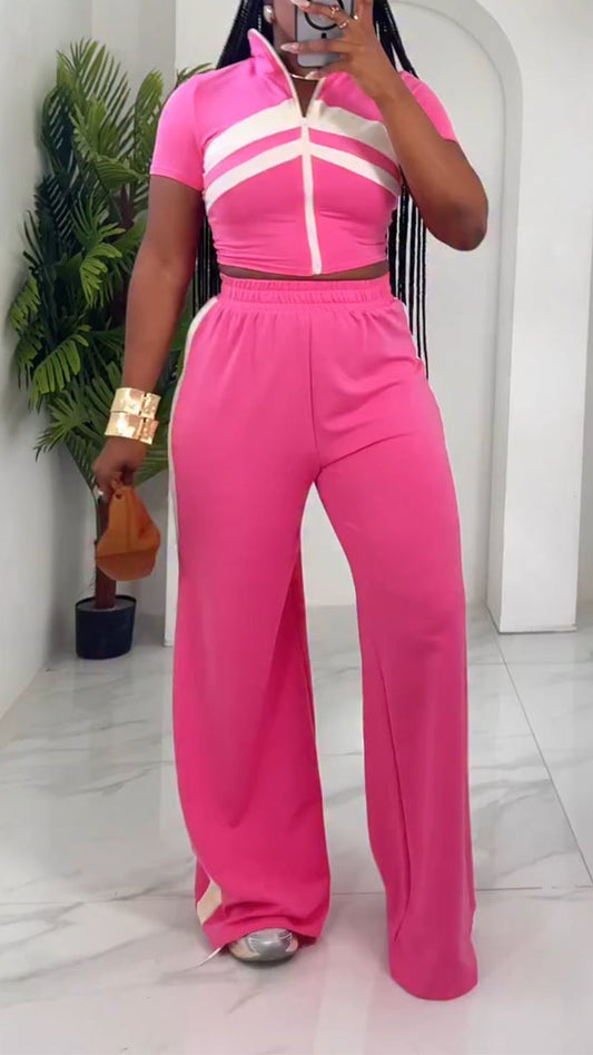 Ladies Collar Striped Zipper Top+ Pants Casual Set - MYSTERYBOXS