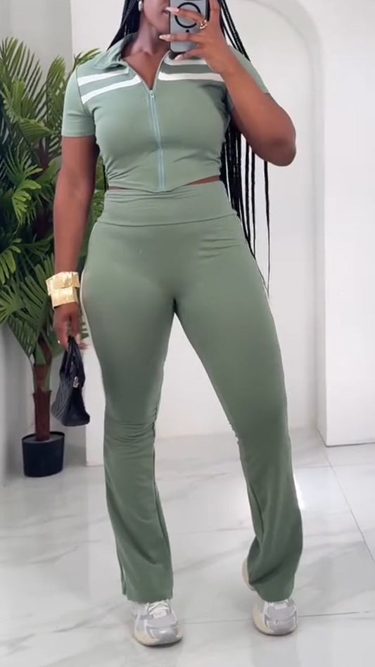 Ladies Collar Striped Zipper Top+ Pants Slim Fit Casual Set - MYSTERYBOXS